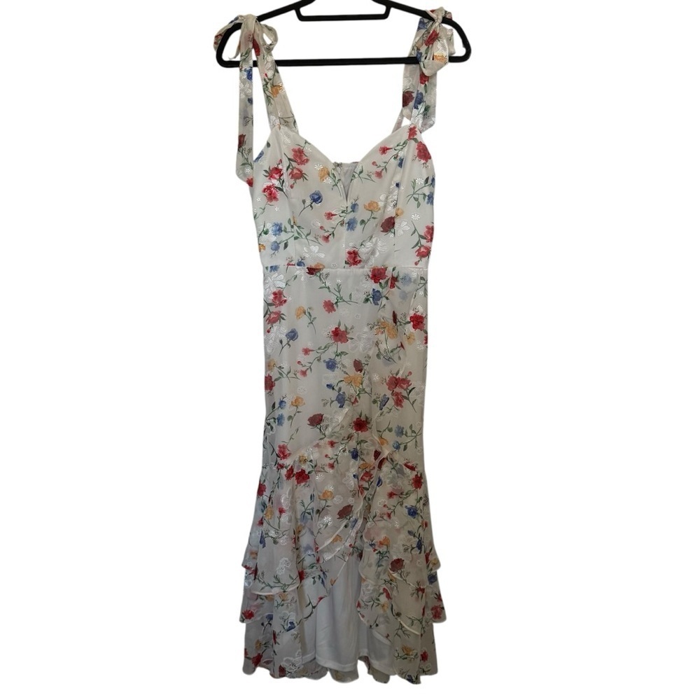 NWT Lulus So Elevated Ivory Floral Jacquard Tie-Strap High-Low Midi Dress - Picture 2 of 7